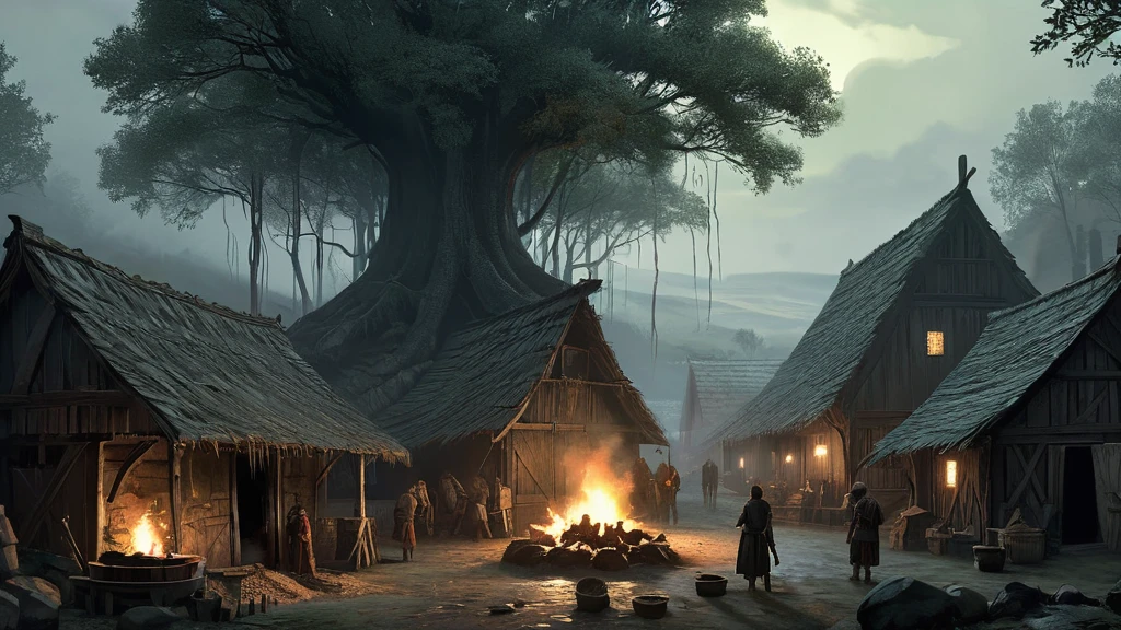 Create an image of a medieval village nestled in the heart of a dense, dark forest, experiencing a severe food crisis and hunger. The village, consisting of small, thatched-roof cottages and simple wooden structures, appears weathered and worn. The forest around it is imposing, with tall, ancient trees casting long shadows over the scene, adding to the sense of isolation and struggle.

Villagers, dressed in tattered clothing, move slowly and wearily through the muddy streets, their faces gaunt and eyes filled with desperation. A few empty market stalls stand abandoned, with only a handful of withered vegetables and scraps remaining. Smoke rises weakly from a few chimneys, indicating meager fires struggling to provide warmth.

Children, frail and listless, huddle together for warmth, while elders and adults gather around a central fire pit, discussing their dire situation with worried expressions. The forest looms ominously at the village's edge, its dark interior hinting at both potential danger and untapped resources.

Animals, once abundant, are now scarce, and the fields surrounding the village lie fallow, plagued by blight and neglect. A sense of quiet despair pervades the air, as the villagers grapple with the harsh reality of their dwindling food supplies and the threat of starvation.

This image captures the harsh and somber reality of a medieval village in the midst of a food crisis, highlighting themes of survival, community struggle, and the relentless challenges posed by nature in a dark medieval fantasy setting.