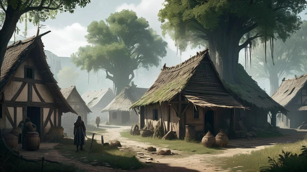 Create an image of a medieval village nestled in the heart of a dense, dark forest, experiencing a severe food crisis and hunger. The village, consisting of small, thatched-roof cottages and simple wooden structures, appears weathered and worn. The forest around it is imposing, with tall, ancient trees casting long shadows over the scene, adding to the sense of isolation and struggle.
Villagers, dressed in tattered clothing, move slowly and wearily through the muddy streets, their faces gaunt and eyes filled with desperation. A few empty market stalls stand abandoned, with only a handful of withered vegetables and scraps remaining. Smoke rises weakly from a few chimneys, indicating meager fires struggling to provide warmth.
Children, frail and listless, huddle together for warmth, while elders and adults gather around a central fire pit, discussing their dire situation with worried expressions. The forest looms ominously at the village's edge, its dark interior hinting at both potential danger and untapped resources.
Animals, once abundant, are now scarce, and the fields surrounding the village lie fallow, plagued by blight and neglect. A sense of quiet despair pervades the air, as the villagers grapple with the harsh reality of their dwindling food supplies and the threat of starvation.
This image captures the harsh and somber reality of a medieval village in the midst of a food crisis, highlighting themes of survival, community struggle, and the relentless challenges posed by nature in a dark medieval fantasy setting.