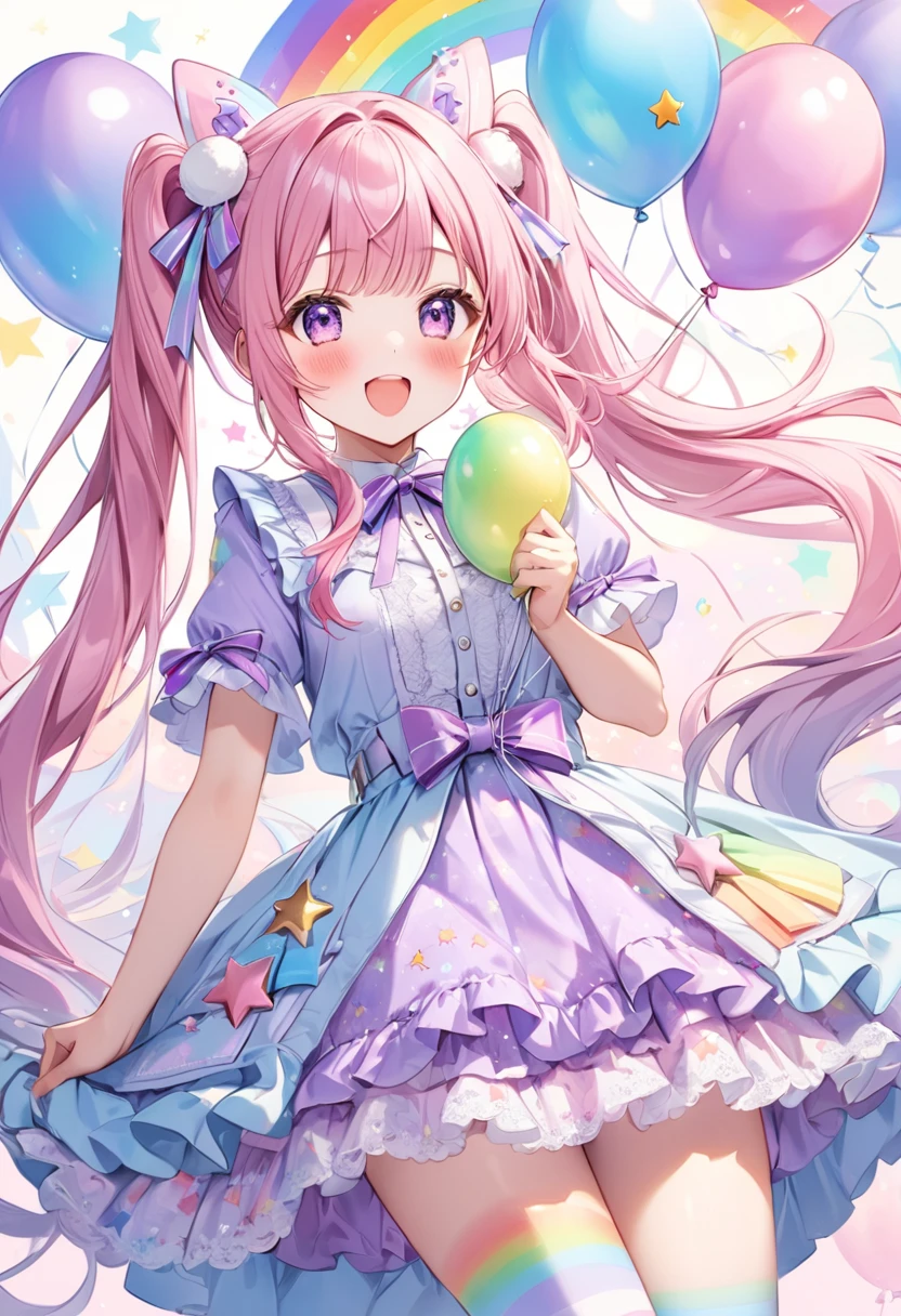 (whole body, legs and shoes visible: 1.2)) Expressive eyes, One girl, Pale skin, Long Hair, Windblown Hair, ((absurdly Long Hair)), Long Side Lock, Princess bangs, Hair bangs, Hair Bun, ((Very long twin tails)), Rainbow Hair, Light pink hair, blush, full face blush, big sparkling Pastel Purple eyes, (Gradient Eye), Laughing with your mouth open, cute pose, ((Holding a balloon : 1.3)) ((cute and pastel fashion)) ((🦄🎠🎈🎉 theme : 1.4)) A loose pastel dress, ((Dreamy multi-colored open dress)), (Floating ribbon), Lavender Frill, Pink frills, (Light blue lace), Removable short sleeves, Fluffy skirt, ((Rainbow and star printed skirt : 1.3)), Lolita Skirt, Purple ribbon, ((pom pom ribbon hair ornament : 1.4)), Multiple Bows, Striped lace stockings, (heart型のレッグガーター), cute (Pastel Purple) shoes ((Ultra-detailed clothing and fashion)) I'm watching you, Vintage Girl, blush, (Beautiful attention to detail), (Highly detailed CG Unity 8k wallpaper) (Best Shadow), ((Very delicate and beautiful)), (Detailed light), ((Depth of written boundary)) Big Head, Big, bright eyes, Moe, Splash Art, Cinema Lighting, Front view, volumetric lighting maximalist photo illustration k resolution high resolution intricate detailed complex key visuals precise linear ((Dreamy pastel sky background, Surrounded by sunset clouds, shooting star, Castle above the clouds)) ((Ultra-detailed landscapes, Foggy clouds, Hung by balloons, heart : 1.3))