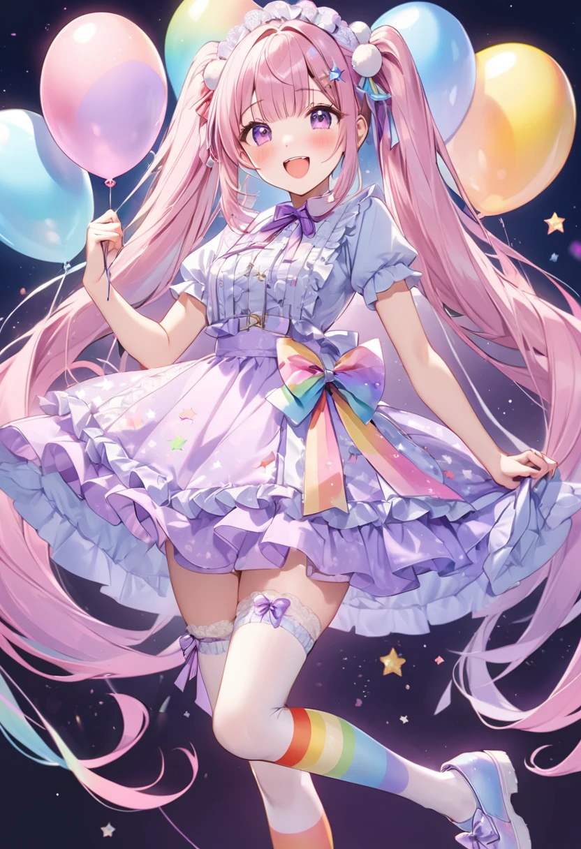 (whole body, legs and shoes visible: 1.2)) Expressive eyes, One girl, Pale skin, Long Hair, Windblown Hair, ((absurdly Long Hair)), Long Side Lock, Princess bangs, Hair bangs, Hair Bun, ((Very long twin tails)), Rainbow Hair, Light pink hair, blush, full face blush, big sparkling Pastel Purple eyes, (Gradient Eye), Laughing with your mouth open, cute pose, ((Holding a balloon : 1.3)) ((cute and pastel fashion)) ((🦄🎠🎈🎉 theme : 1.4)) A loose pastel dress, ((Dreamy multi-colored open dress)), (Floating ribbon), Lavender Frill, Pink frills, (Light blue lace), Removable short sleeves, Fluffy skirt, ((Rainbow and star printed skirt : 1.3)), Lolita Skirt, Purple ribbon, ((pom pom ribbon hair ornament : 1.4)), Multiple Bows, Striped lace stockings, (heart型のレッグガーター), cute (Pastel Purple) shoes ((Ultra-detailed clothing and fashion)) I'm watching you, Vintage Girl, blush, (Beautiful attention to detail), (Highly detailed CG Unity 8k wallpaper) (Best Shadow), ((Very delicate and beautiful)), (Detailed light), ((Depth of written boundary)) Big Head, Big, bright eyes, Moe, Splash Art, Cinema Lighting, Front view, volumetric lighting maximalist photo illustration k resolution high resolution intricate detailed complex key visuals precise linear ((Dreamy pastel sky background, Surrounded by sunset clouds, shooting star, Castle above the clouds)) ((Ultra-detailed landscapes, Foggy clouds, Hung by balloons, heart : 1.3))
