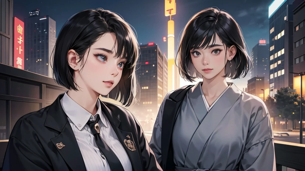 (perfect anatomy:1.2)(absurdres, highres, ultra detailed),masterpiece,best quality,high resolution,8k,Realistic face,Realistic skin texture,magnified textures, stunning clarity,detailed anime girl,(ultra detailed eyes and face),(1 girl:1.2)21years old,she is office worker,,smile:1.2,black hair, bob cut,natural make,grey jacket and pants,black brouse,,sparkling eyes.small nose,roundface、just left the office when it was time to leave,night,japanese bussines district