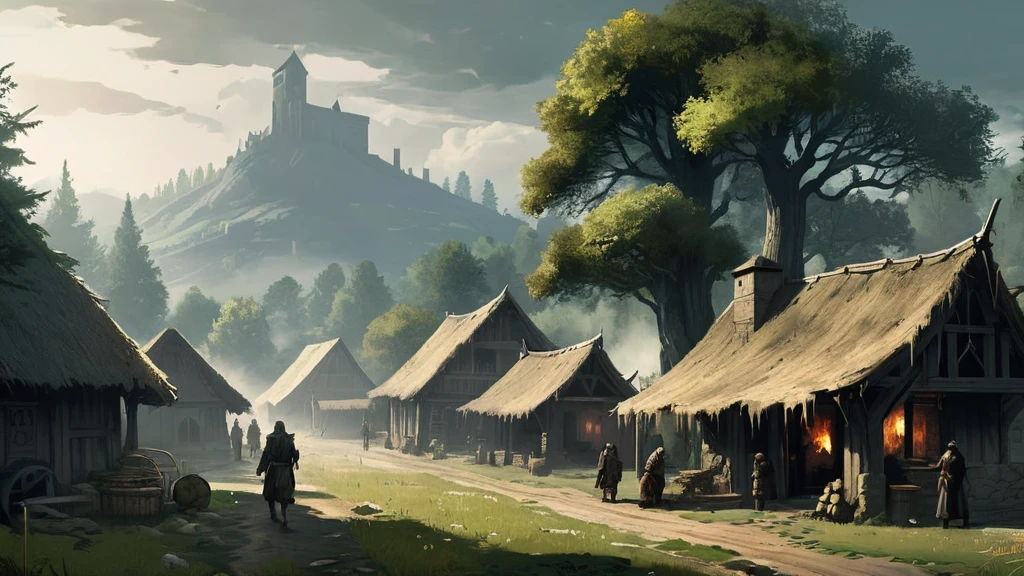 Create an image of a medieval village nestled in the heart of a dense, dark forest, experiencing a severe food crisis and hunger. The village, consisting of small, thatched-roof cottages and simple wooden structures, appears weathered and worn. The forest around it is imposing, with tall, ancient trees casting long shadows over the scene, adding to the sense of isolation and struggle.
Villagers, dressed in tattered clothing, move slowly and wearily through the muddy streets, their faces gaunt and eyes filled with desperation. A few empty market stalls stand abandoned, with only a handful of withered vegetables and scraps remaining. Smoke rises weakly from a few chimneys, indicating meager fires struggling to provide warmth.
Children, frail and listless, huddle together for warmth, while elders and adults gather around a central fire pit, discussing their dire situation with worried expressions. The forest looms ominously at the village's edge, its dark interior hinting at both potential danger and untapped resources.
Animals, once abundant, are now scarce, and the fields surrounding the village lie fallow, plagued by blight and neglect. A sense of quiet despair pervades the air, as the villagers grapple with the harsh reality of their dwindling food supplies and the threat of starvation.
This image captures the harsh and somber reality of a medieval village in the midst of a food crisis, highlighting themes of survival, community struggle, and the relentless challenges posed by nature in a dark medieval fantasy setting.