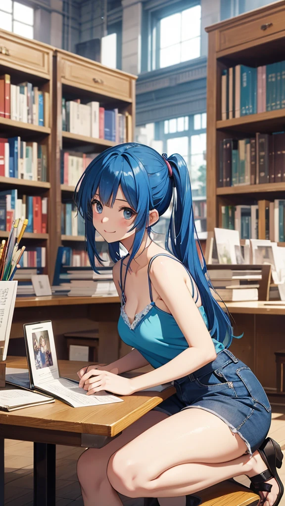 Gal、Crouching、laughing、Blue Hair、Wearing a camisole、Around 25 years old、Anime style illustrations、Inside the library