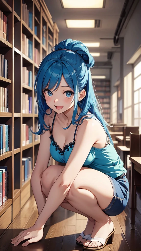 Gal、Crouching、laughing、Blue Hair、Wearing a camisole、Around 25 years old、Anime style illustrations、Inside the library