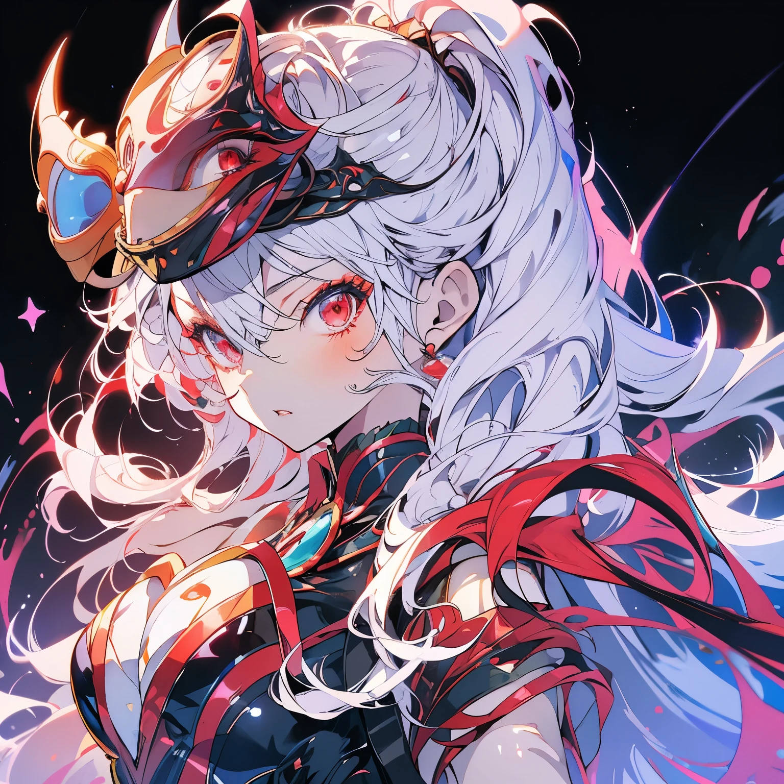 masterpiece、Cute Anime Girl、(((Doing a masquerade)))、White Hair、Long Hair、Red eyes、Serious face、Black Dress、Shining Background、Starry Ski、Upper Body
