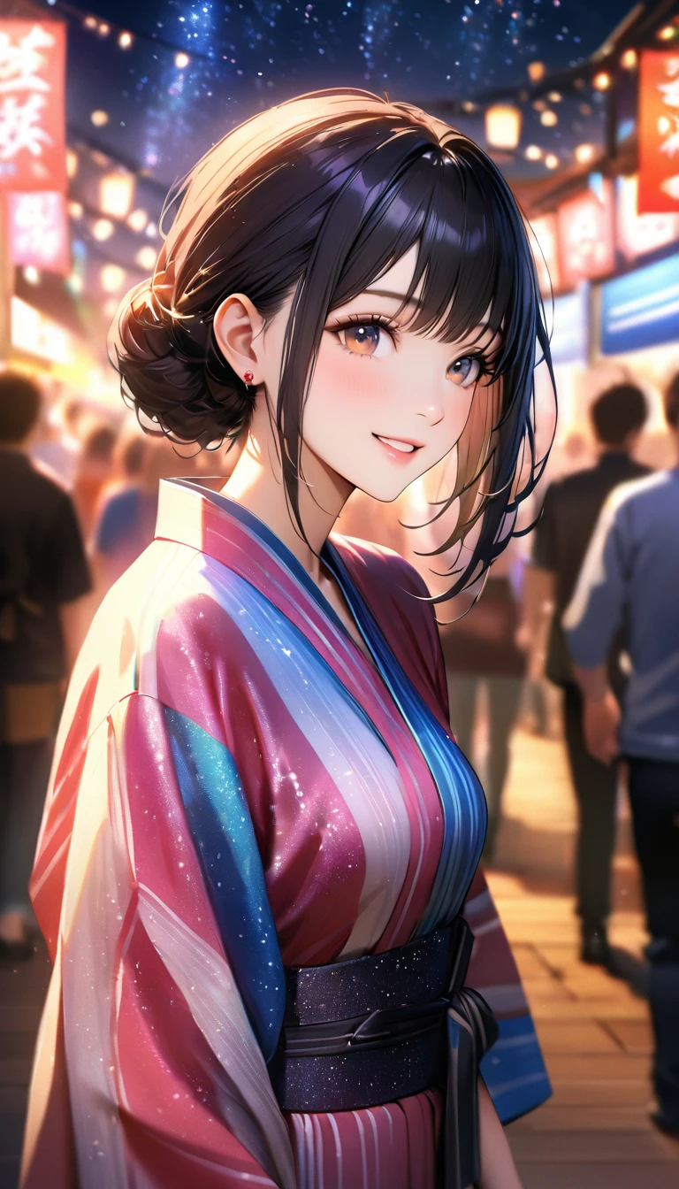 Young woman enjoying the summer festival,night, Starry Sky,yukata,Gazing at the sky,Blur the background,high school girl,smile,Glitter effect,Highest quality, 8k, High resolution, masterpiece:1.2, Very detailed, Realistic:1.37, High resolution, 超High resolution, Ultra-fine painting, Very detailed, Professional, Vibrant colors