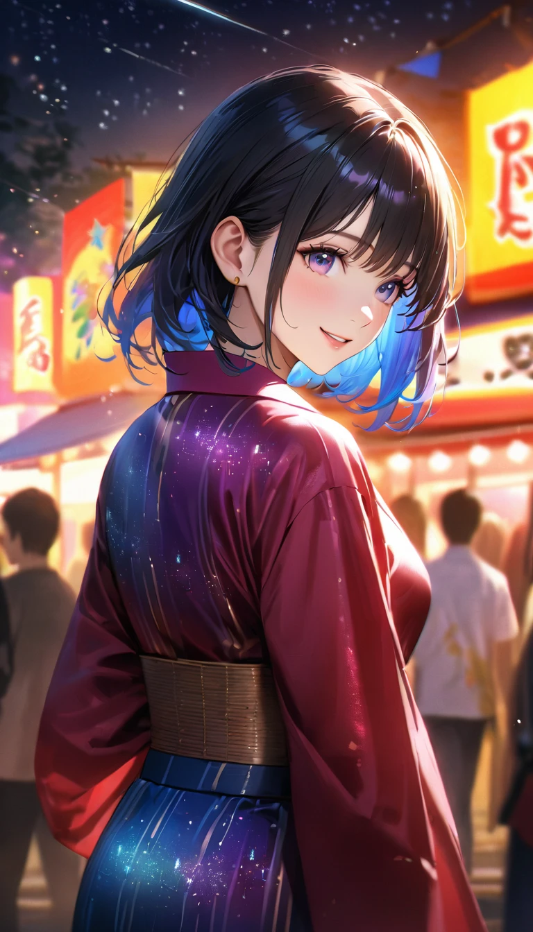 Young woman enjoying the summer festival,night, Starry Sky,yukata,Gazing at the sky,Blur the background,high school girl,smile,Glitter effect,Highest quality, 8k, High resolution, masterpiece:1.2, Very detailed, Realistic:1.37, High resolution, 超High resolution, Ultra-fine painting, Very detailed, Professional, Vibrant colors