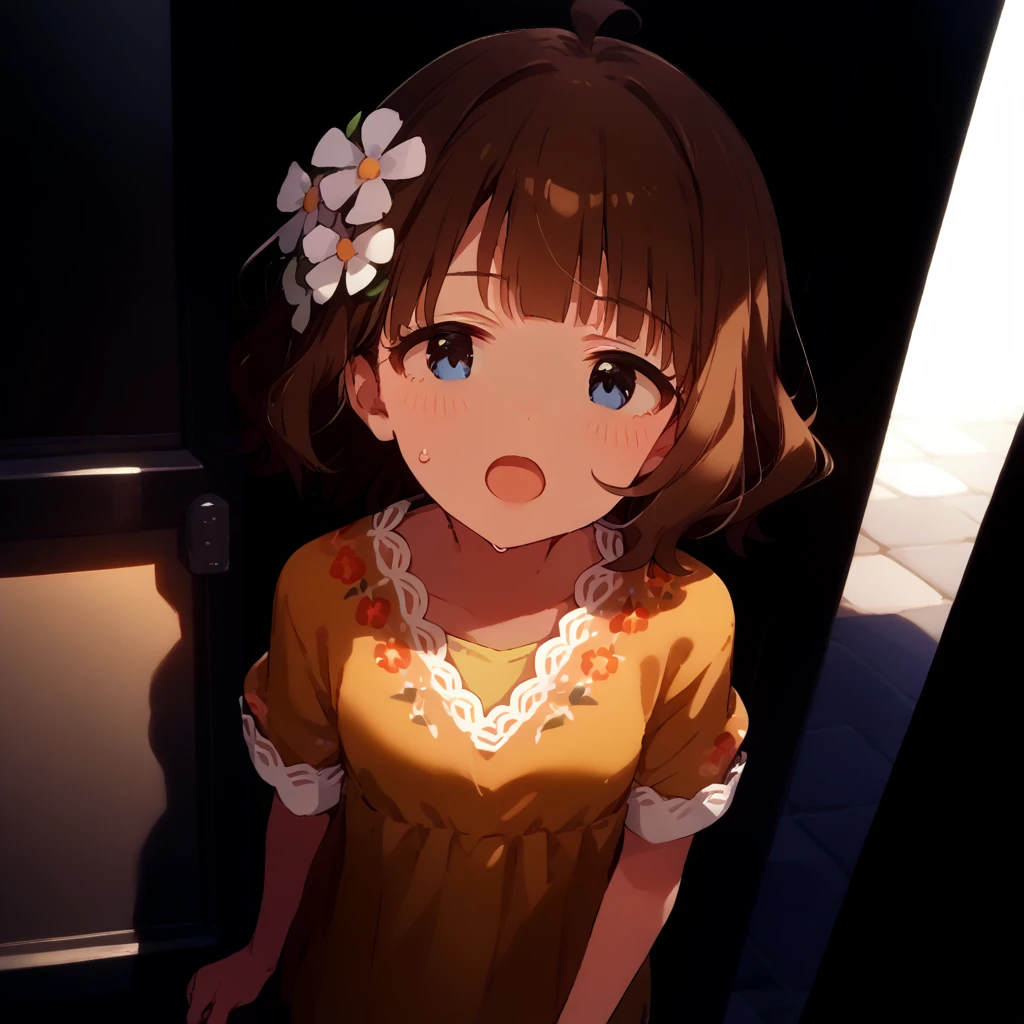 score_9, score_8_up, score_7_up, source_anime, best quality, masterpiece, official art, absurdres, highres, ultra-detailed,waifu2x,Collection: Slice of Life,break,1girl, uou momoko, casual, ahoge, short hair, blue eyes, eyebrows visible through hair, wavy hair, blunt bangs, yellow dress, print dress, floral print, yellow shirt, short over long sleeves, layered sleeves, hair ornament, hair flower, white flower, black pants, pants under dress, capri pants, pants rolled up, sweat, open mouth, (yawn:0.3), sleepily, outdoors, wind,break,(clear line illustration:1.2), super detailed skin,very high resolution, very aesthetic, Best sexual lighting powered by famous artist, 8k,cute picture,beauty illustration,photoshop_(medium),,(Detailed Lighting),best anime 8k konachan wallpaper, pixiv contest winner,