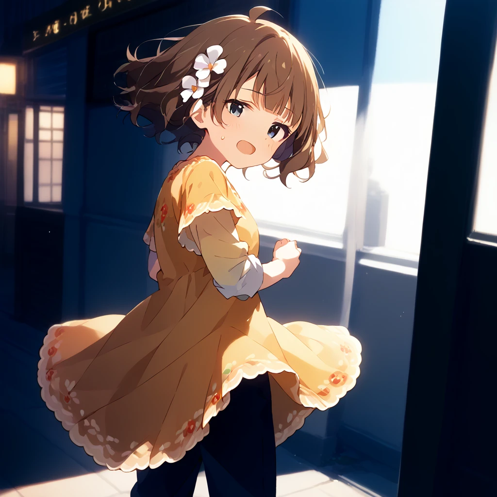 score_9, score_8_up, score_7_up, source_anime, best quality, masterpiece, official art, absurdres, highres, ultra-detailed,waifu2x,Collection: Slice of Life,break,1girl, uou momoko, casual, ahoge, short hair, blue eyes, eyebrows visible through hair, wavy hair, blunt bangs, yellow dress, print dress, floral print, yellow shirt, short over long sleeves, layered sleeves, hair ornament, hair flower, white flower, black pants, pants under dress, capri pants, pants rolled up, sweat, open mouth, (yawn:0.3), sleepily, outdoors, wind,break,(clear line illustration:1.2), super detailed skin,very high resolution, very aesthetic, Best sexual lighting powered by famous artist, 8k,cute picture,beauty illustration,photoshop_(medium),,(Detailed Lighting),best anime 8k konachan wallpaper, pixiv contest winner, 