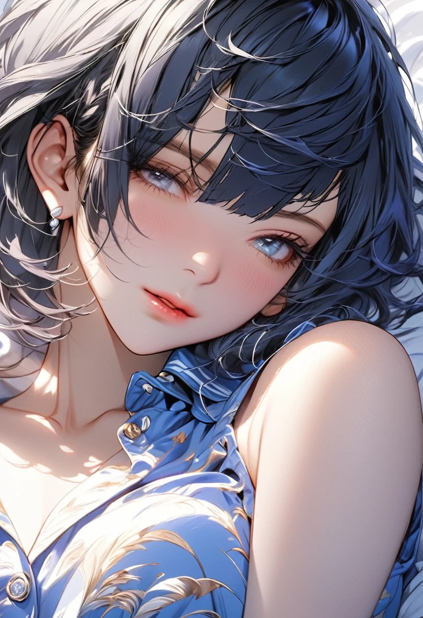 （Genshin Yelan）(masterpiece), (best quality), (Super detailed),(Messy hair),(illustration), (1 Girl), (Simple background),Beautiful and delicate eyes, Delicate and beautiful face(High Saturation)(,(shining), focus on face, Bangs, (shining), Optimal lighting, The best shadow,The lens is close，Sleepy，Rubbed his eyes，Loose pajamas。