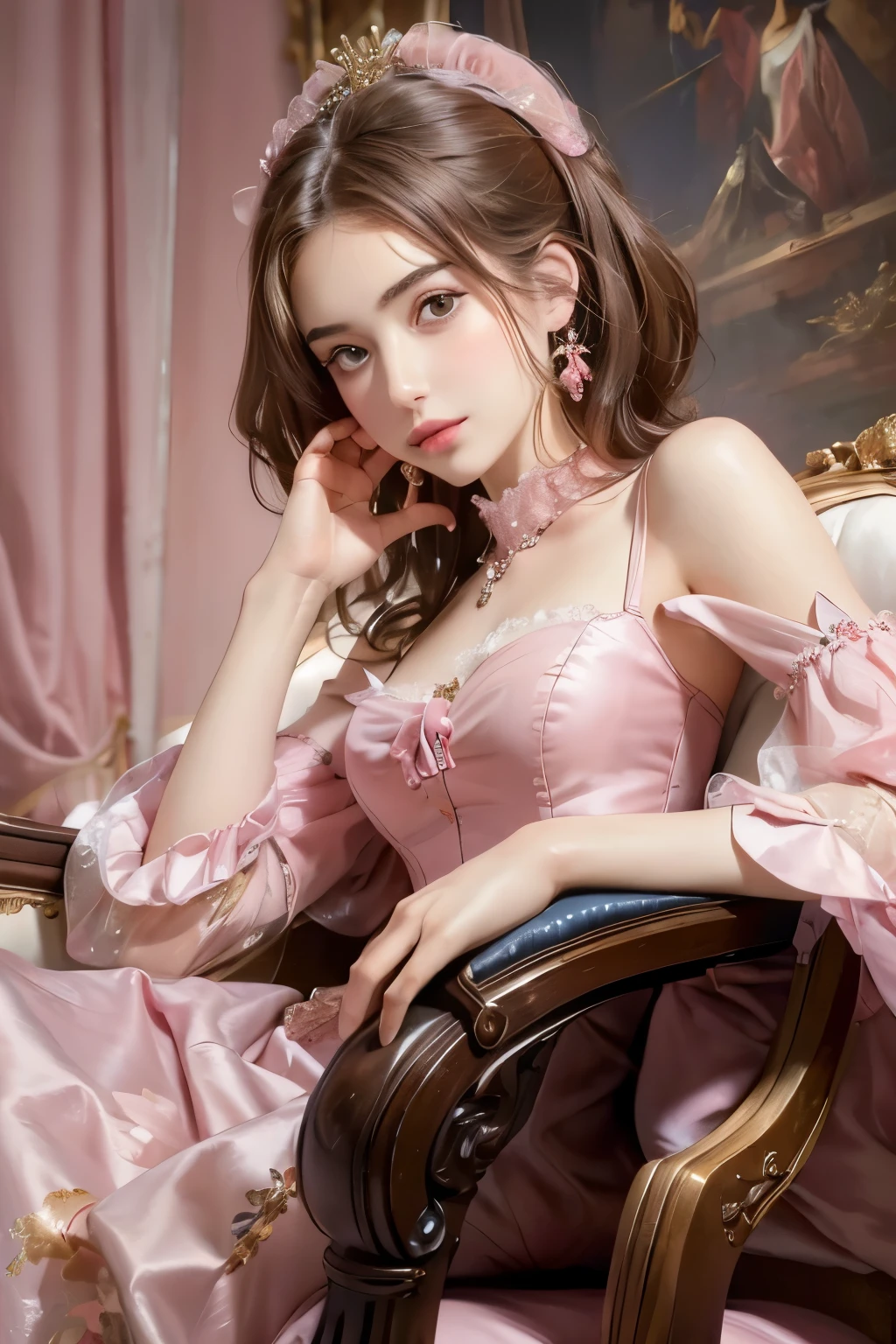 ((best quality)), ((masterpiece)), (detailed), perfect face , perfect hands, Woman wearing a pink dress and sitting on a pink sofa, Giovanni Boldini(Giovanni Boldini),