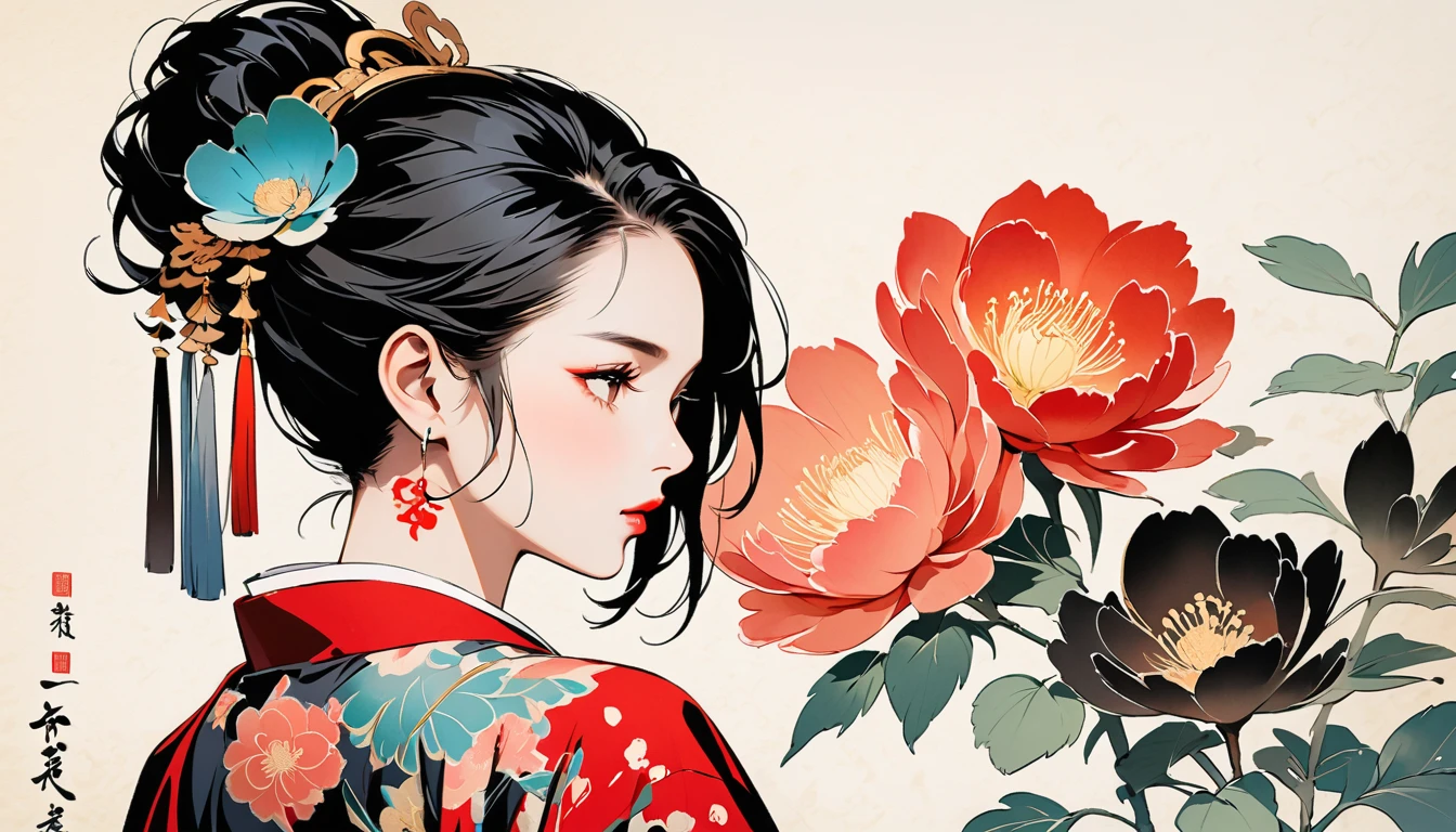 Fashion portrait color photos, Ink Painting, peony, sunglasses, TATOO, Beautiful Japanese Woman, Delicate and precise, Modern ukiyo-e style,