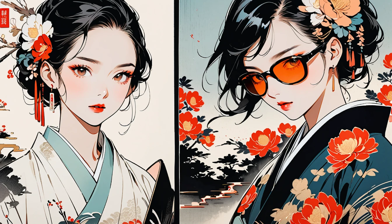 Fashion portrait color photos, Ink Painting, peony, sunglasses, TATOO, Beautiful Japanese Woman, Delicate and precise, Modern ukiyo-e style,
