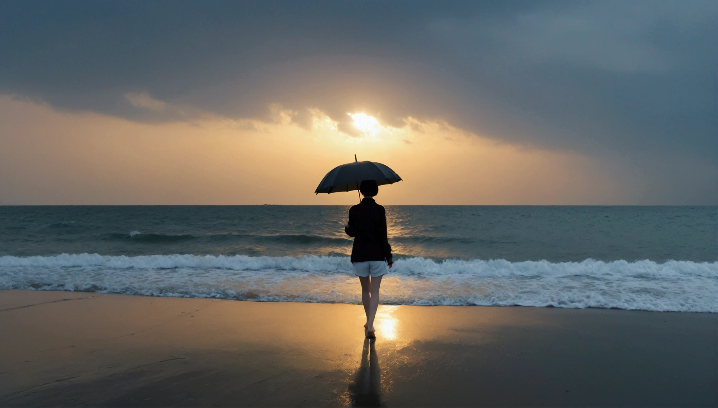 8k, Vivid picture quality, Vivid picture quality, long deserted beach, walking slowly from afar, Short hair, beautiful appearance, Model-like body, sunset의 붉은 빛, sunset, alone, afternoon, depressed, tide가 밀려온다, rain, medium size black umbrella, ocean, tide, wind, rain가 내리는, Short and slim Korean woman, tower, White shorts, rain가 내리는, Looking at the sea with a black umbrella, the sun touches the horizon