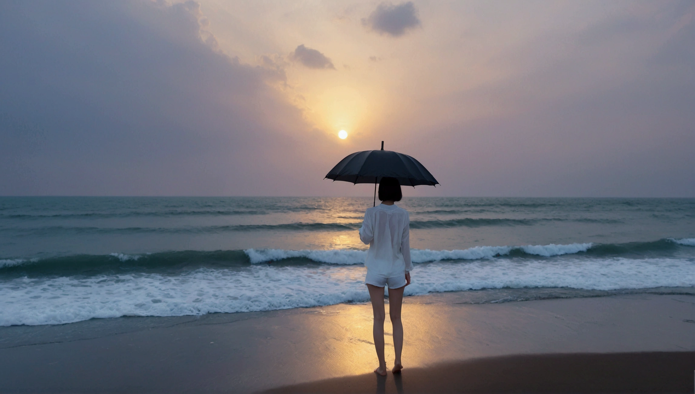 8k, Vivid picture quality, Vivid picture quality, long deserted beach, walking slowly from afar, Short hair, beautiful appearance, Model-like body, sunset의 붉은 빛, sunset, alone, afternoon, depressed, tide가 밀려온다, rain, medium size black umbrella, ocean, tide, wind, rain가 내리는, Short and slim Korean woman, tower, White shorts, rain가 내리는, Looking at the sea with a black umbrella, the sun touches the horizon