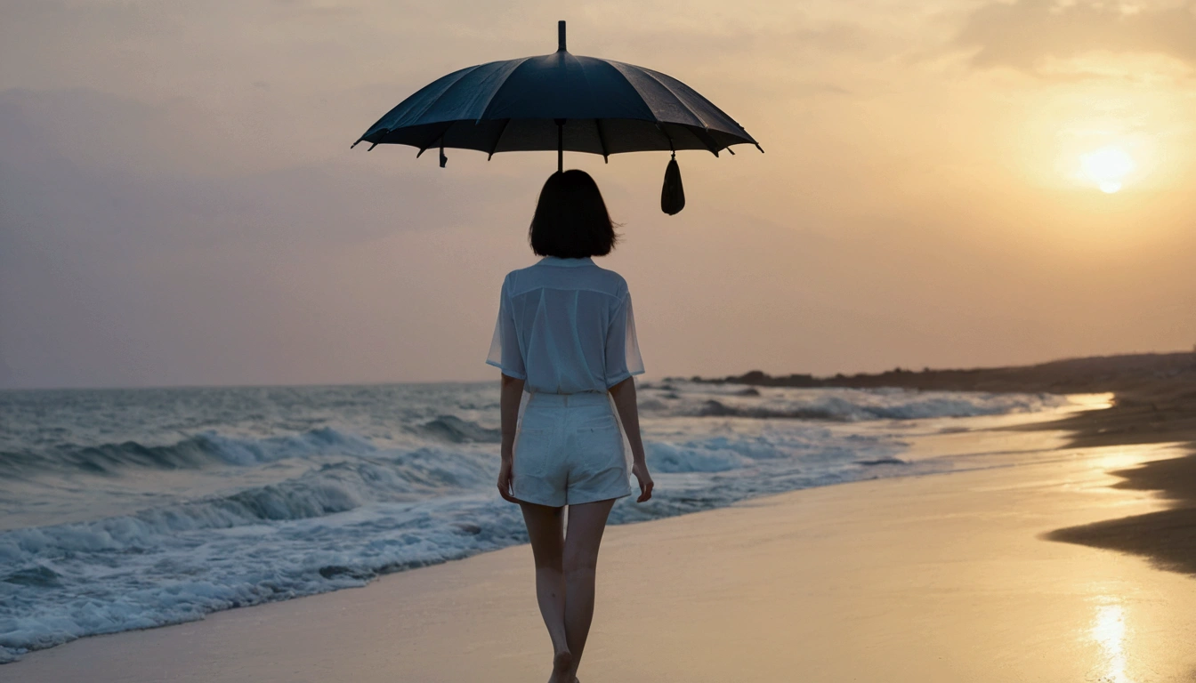 8k, Vivid picture quality, Vivid picture quality, long deserted beach, walking slowly from afar, Short hair, beautiful appearance, Model-like body, sunset의 붉은 빛, sunset, alone, afternoon, depressed, tide가 밀려온다, rain, medium size black umbrella, ocean, tide, wind, rain가 내리는, Short and slim Korean woman, tower, White shorts, rain가 내리는, Looking at the sea with a black umbrella, the sun touches the horizon