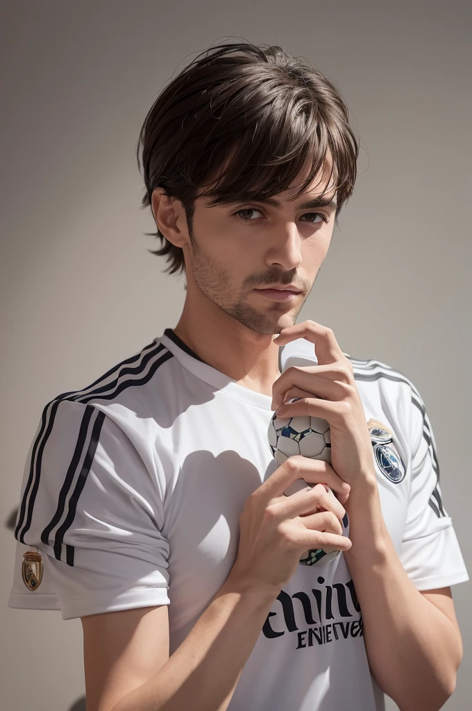 {{{Real Madrid}}}, light, {{Adidas soccer jersey on white background}}, {{{best quality}}}, {{{realistic}}}, {{{Detailed facial description}}}, realistic 눈동자, {{handsome western man}}, realistic 유니폼 주름, holding a soccer ball, {{{Real Madrid}}}, {{{soccer stadium}}}, Sponsor's name is Fly Emirates, {{{busty}}}