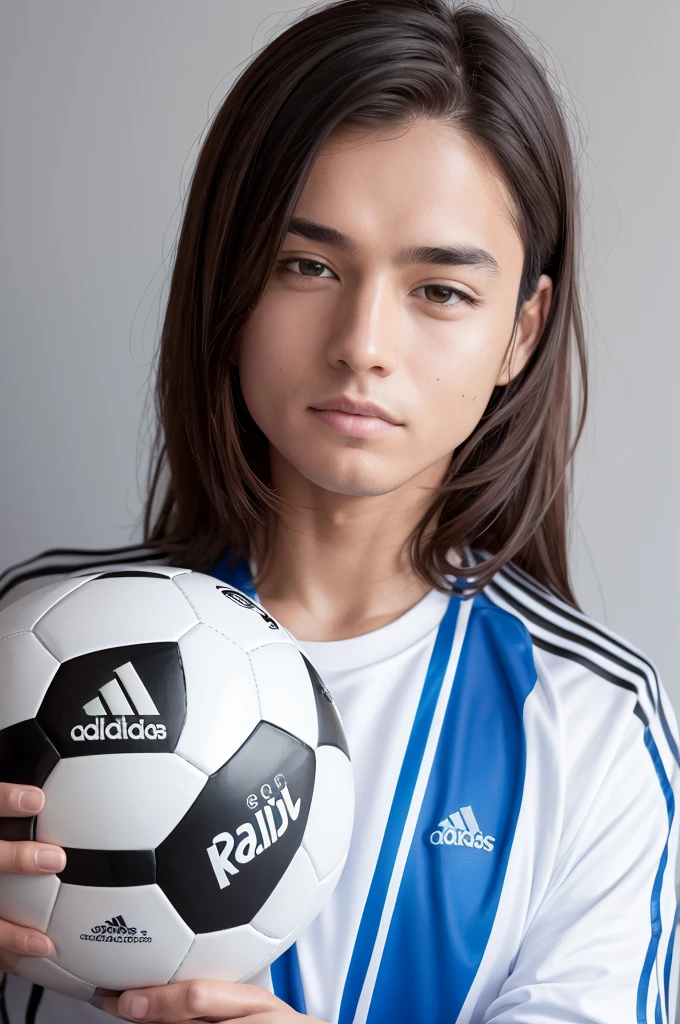 {{{Real Madrid}}}, light, {{Adidas soccer jersey on white background}}, {{{best quality}}}, {{{realistic}}}, {{{Detailed facial description}}}, realistic 눈동자, {{handsome western man}}, realistic 유니폼 주름, holding a soccer ball, {{{Real Madrid}}}, {{{soccer stadium}}}, Sponsor's name is Fly Emirates, {{{busty}}}