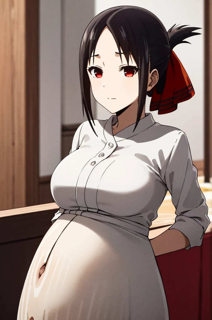 best quality, (masterpiece:1.2), detailed,
shinomiya kaguya,
1girl, solo, closed mouth,
black hair, red eyes, short hair, folded ponytail, hair ribbon, black top sexualized, red ribbon,
standing, looking at the viewer, huge breasts(1.5), pregnant (1.6), belly showing, pregnant belly, ((cum on face, upper body))