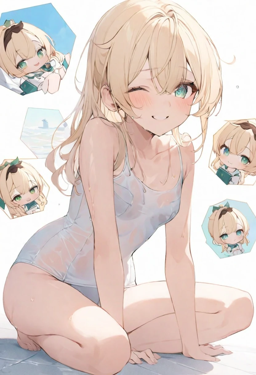(muste piece), (best quality), (score_9, score_8_up, score_7_up), very detailed eyes, expressive eyes, perfect face, very detailed face, highly detailed face, beautiful girl, 8K, beautiful girl, white background, delicate and beautiful face and eyes, dark intense shadow,
1 girl, vtuber style, cool girl, hololive, Kazama Iroha, blond hair, green eyes, school swimsuit, Unbuttoned serafuku, small chest, cropped shoulders, clavicle, wet body, wet hair, one eye close winking, smile, body visible through clothes, chest visible through clothes, ass visible through thighs, (full body), barefoot, naked thighs, sitting, open legs wide,