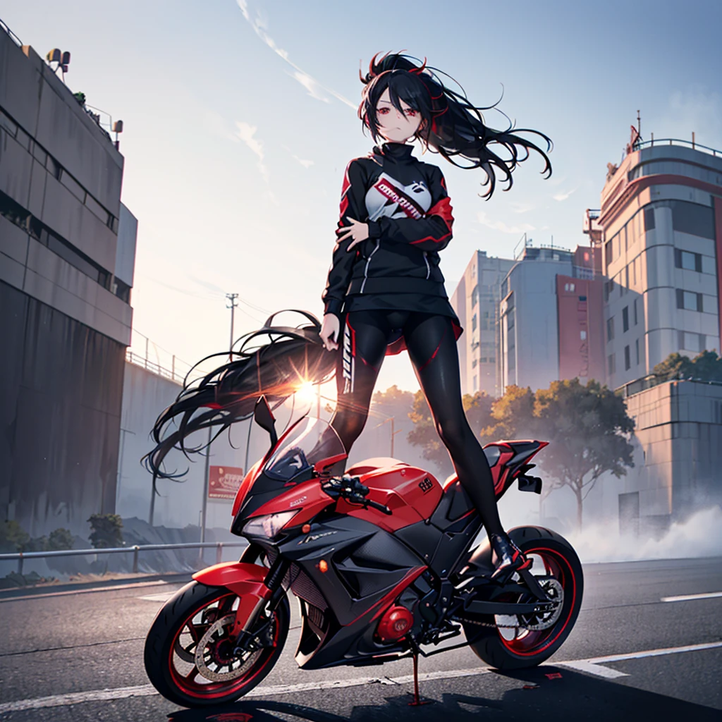 ((((Female rider、drive、forward leaning posture　Full Body Tights、Black　Red Motorcycle、get on))))　(((Black Hair、ponytail、Blowing in the Wind　Bright red eyes)))　((Expressway、Light、Light))　Shining Edge　Shining Background