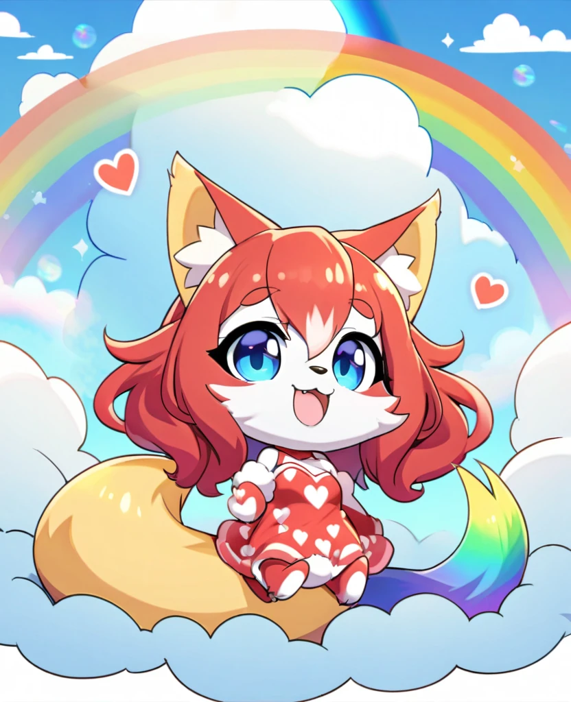 Furry girl with fox ears, wavy braided red hair, blue eyes, furry tail, red short dress, yellow panties, heart print, lying on a fluffy cloud background, blue sky and a beautiful rainbow, smiling, full view of the character SFW