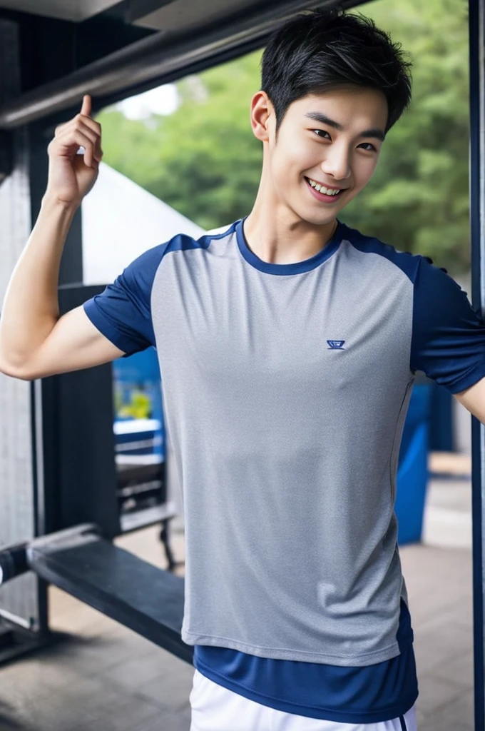 Korean man, Inspiration from Peng Yuyan, 23 years old, Korean muscular man ,The computer room is in the back, tight sports t-shirts, navy blue., open mouth smile