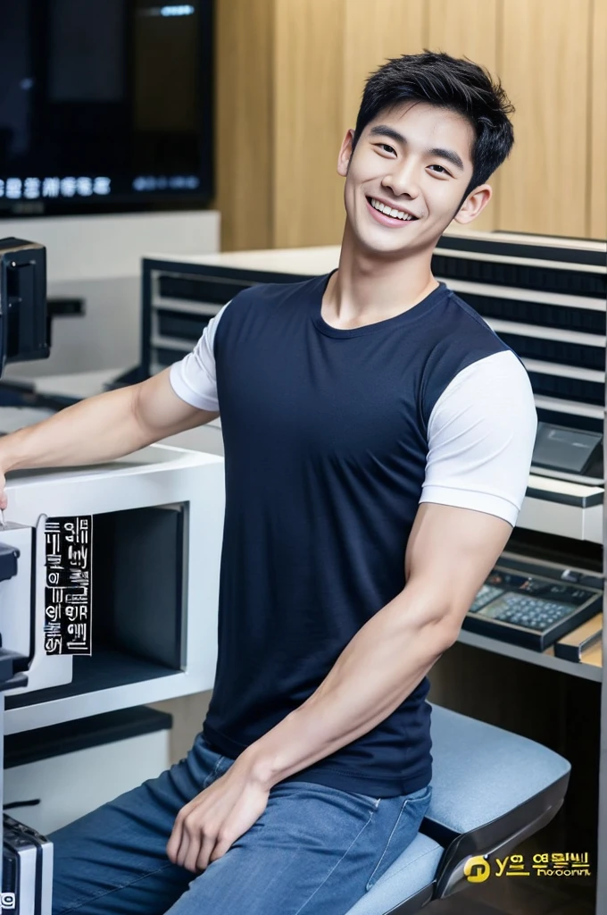 Korean man, Inspiration from Peng Yuyan, 23 years old, Korean muscular man ，The computer room is in the back, tight sports t-shirts, navy blue., open mouth smile