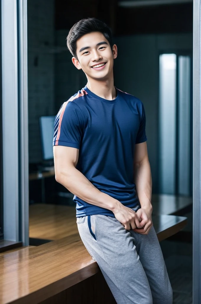 Korean man, Inspiration from Peng Yuyan, 23 years old, Korean muscular man ，The computer room is in the back, tight sports t-shirts, navy blue., open mouth smile