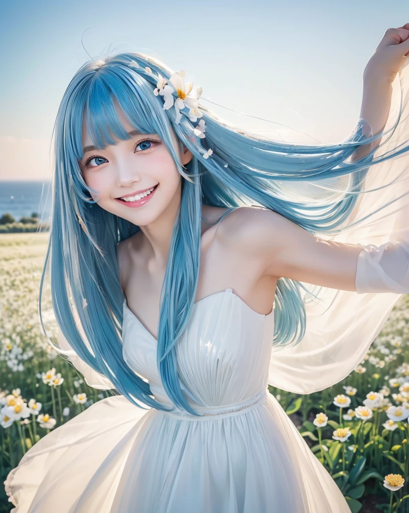 (Highest quality, 32K, High resolution, Masterpiece:1.5), One Girl, Cute anime-style illustrations, god々It has a brilliant and healing power., , Expressing emotions, Have a rich imagination, Cute Japanese Girls, Perfect Human Anatomy, Big light blue eyes, Motherhood and generosity, Deep Love, ((A happy smile:1.8)), ((Shiny light blue hair:1.5)), Super long straight silk hair swaying in the wind, Asymmetrical bangs, Hair between the eyes, Transparent, soft white skin, Sharp eyebrows, Thin lashes, Natural Makeup, Detailed and cute lips, (White dress:1.2), ((A flower field that stretches to the horizon:1.2)), Slim figure with ample breasts, Beautifully detailed skies, ((Vibrant petal effect:1.2)), god秘的