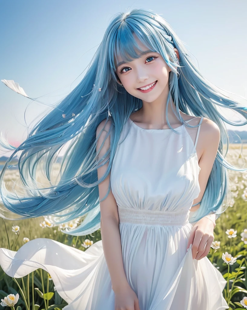 (Highest quality, 32K, High resolution, Masterpiece:1.5), One Girl, Cute anime-style illustrations, god々It has a brilliant and healing power., , Expressing emotions, Have a rich imagination, Cute Japanese Girls, Perfect Human Anatomy, Big light blue eyes, Motherhood and generosity, Deep Love, ((A happy smile:1.8)), ((Shiny light blue hair:1.5)), Super long straight silk hair swaying in the wind, Asymmetrical bangs, Hair between the eyes, Transparent, soft white skin, Sharp eyebrows, Thin lashes, Natural Makeup, Detailed and cute lips, (White dress:1.2), ((A flower field that stretches to the horizon:1.2)), Slim figure with ample breasts, Beautifully detailed skies, ((Vibrant petal effect:1.2)), god秘的