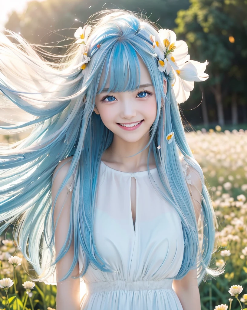 (Highest quality, 32K, High resolution, Masterpiece:1.5), One Girl, Cute anime-style illustrations, god々It has a brilliant and healing power., , Expressing emotions, Have a rich imagination, Cute Japanese Girls, Perfect Human Anatomy, Big light blue eyes, Motherhood and generosity, Deep Love, ((A happy smile:1.8)), ((Shiny light blue hair:1.5)), Super long straight silk hair swaying in the wind, Asymmetrical bangs, Hair between the eyes, Transparent, soft white skin, Sharp eyebrows, Thin lashes, Natural Makeup, Detailed and cute lips, (White dress:1.2), ((A flower field that stretches to the horizon:1.2)), Slim figure with ample breasts, Beautifully detailed skies, ((Vibrant petal effect:1.2)), god秘的