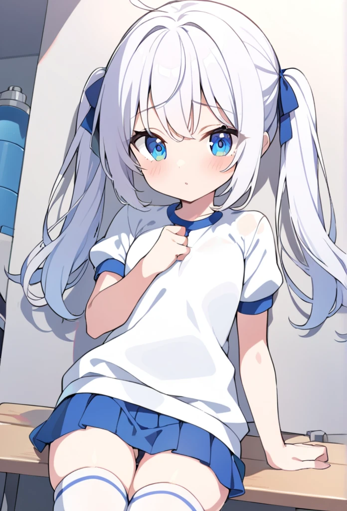 1 girl, cute, young, white hair, twintail, blue eyes, gym shirt, thigh high,