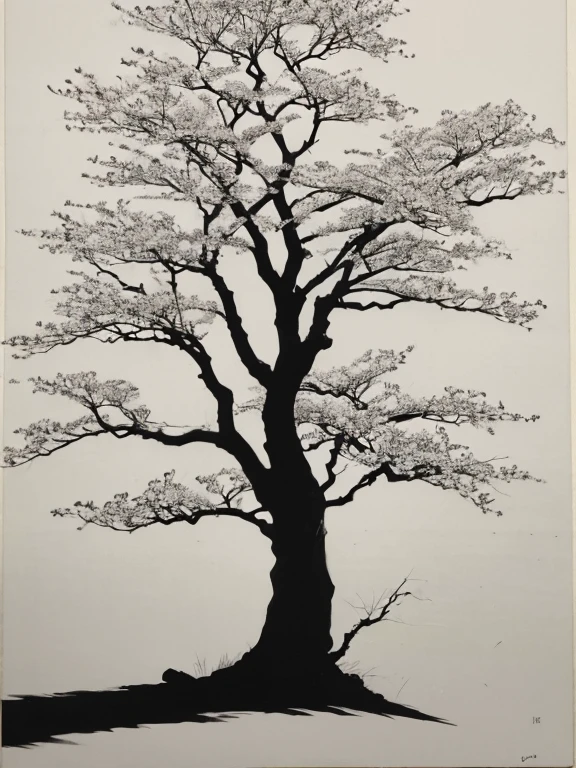 Penmanship,one cerry blossom big tree,monochrome,old painting,white background,far away,tribal,shadow