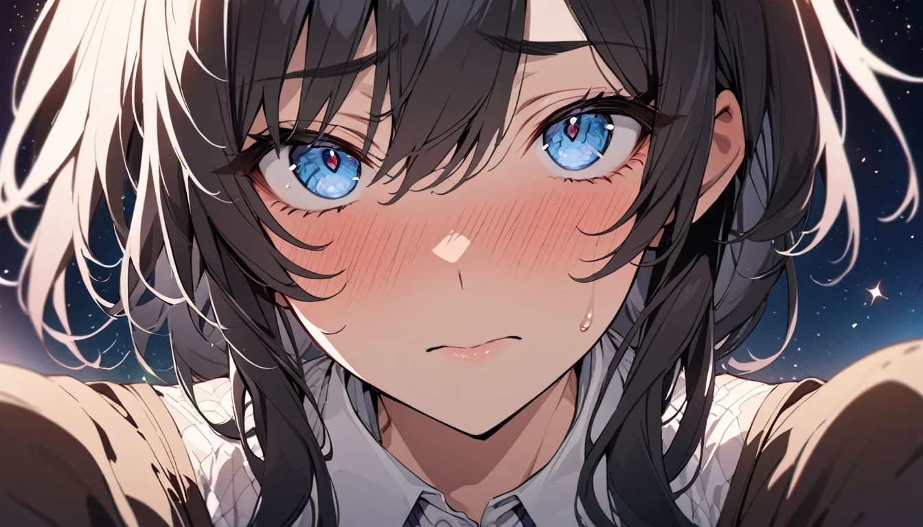 masterpiece, High resolution, perfect face, Japan beauties, 30 years old, beautiful face, star sky background, high school student, embarrassed look, look at the camera, (top quality eyes), detailed texture, Look at me, Married woman, cool women, ((high resolution eyes)), hentai eye