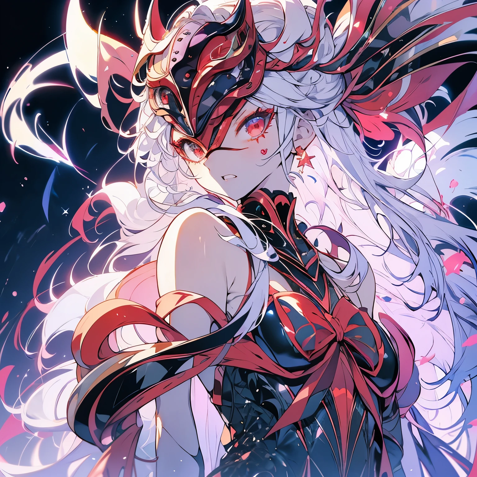 masterpiece、Cute Anime Girl、(((Doing a masquerade)))、White Hair、Long Hair、Red eyes、Serious face、Black Dress、Shining Background、Starry Ski、Upper Body
