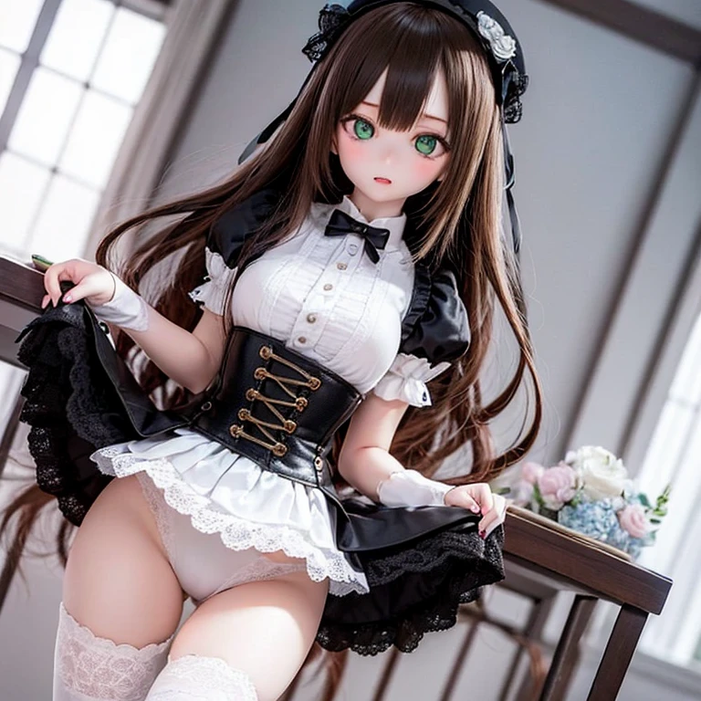 photorealistic, realistic photo, 8k, ((highest quality)), ((masterpiece)), (extremely detailed), kukolnydom, doll, (mature woman, 21yo, 21 years old, solo:1.6), ((dutch angle, skirt lift, slim, slender, skinny, medium breasts, bowler hat, frilled shirt, puffy sleeves, corset, tiered pannier skirt, white panties, thigh-high socks)), (green eyes, brown hair, long hair, plastic skin, looking at another, glass eyes, gradient eyes, shining eyes, detailed eyes:1.3)