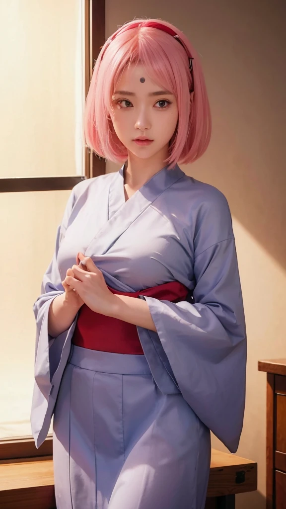 A real life adaptation of this character, Haruno Sakura in the anime Naruto Shipunden, has a chakra seal point like Tsunade Senju in the middle of her forehead, has a beautiful face of a teenage girl, realistic clothes, realistic short pink hair, left side swept bangs, neat hair appearance, realistic shadows, realistic light, realism, hyper realistic, realistic background, (photorealistic: 1.2), looking at the viewer, Hd photo display, high resolution with
Quality detail, costum has not been changed ,A realistic photo girl, (the same realistic hairstyle), realistic beautiful face, realistic cool expression, adapt the same realistic clothes, realistic light, realistic shadow, realistic background, good image quality, very good image output, 4k, very detailed, realistic