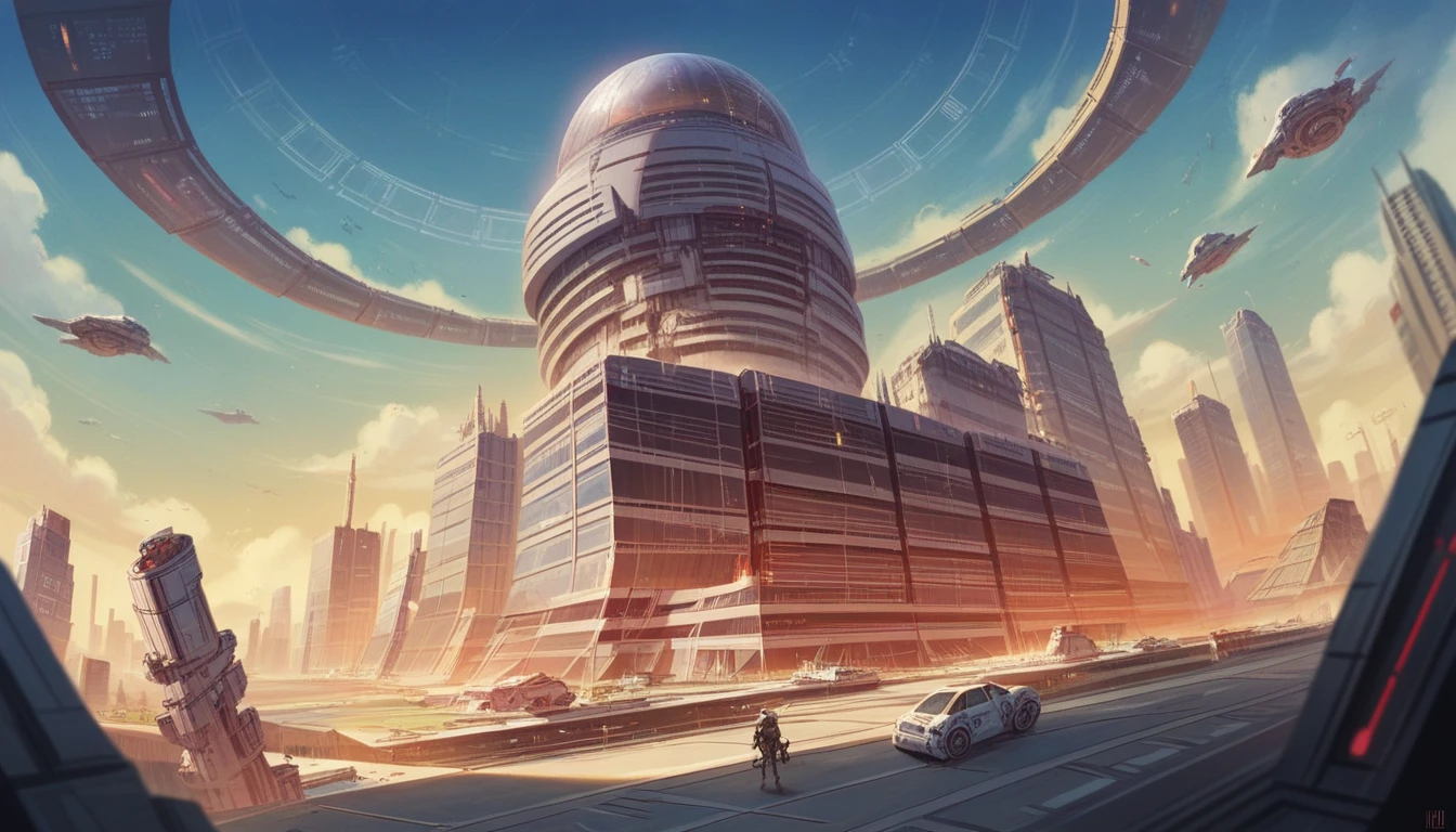 anime aestetics, anime landscape, sci-fi, mass effect, futuristic city, otherwordly futuristic city, the Citadel, gigantic spaceship, a lot of skyscrapers, artificial space station, stunning sci-fi concept art, ancient sci - fi city, futuristic dystopian city, future concept art, futuristic concept art, sci - fi city, futuristic alien city, dark futuristic city, depth of field, ray tracing, wide shot, from outside, atmospheric perspective, perspective, highres, 8k, best quality, award winning, super detail, masterpiece, UHD