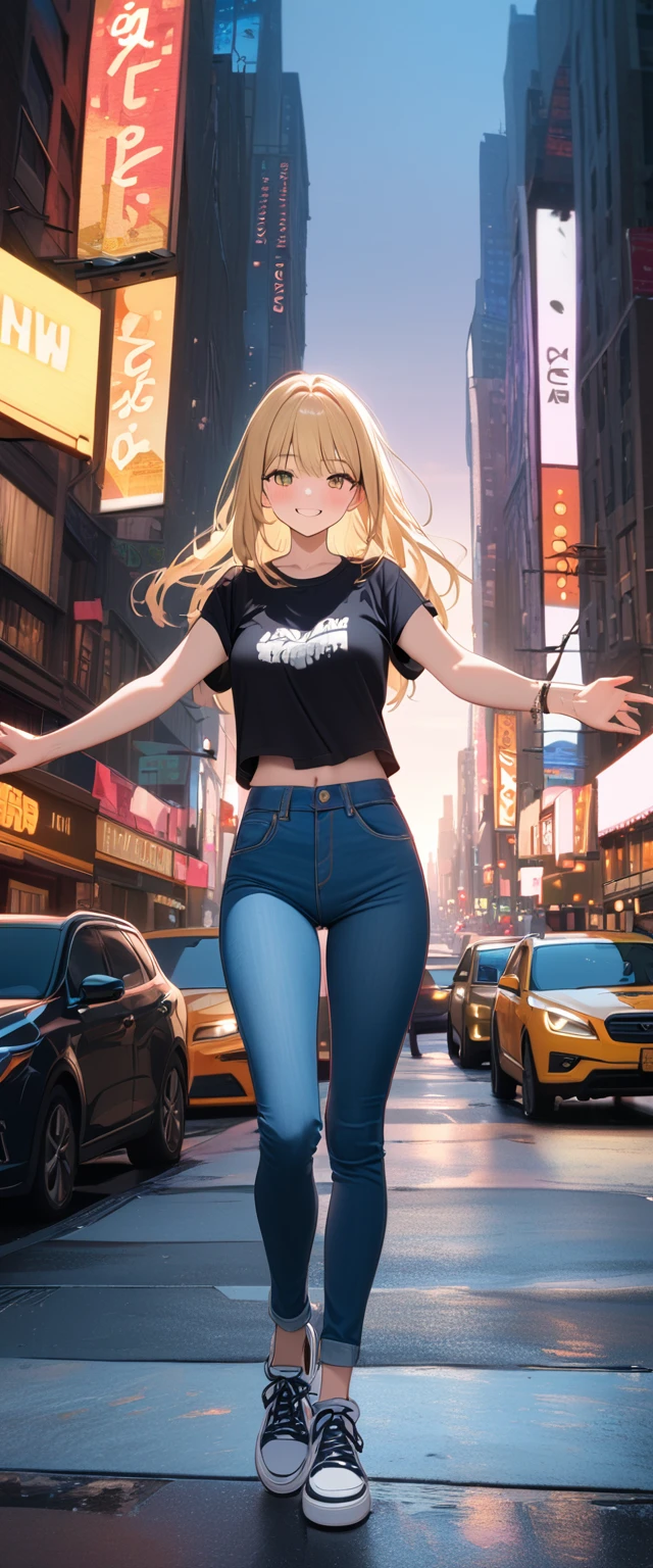 (masterpiece:1.2, Highest quality,High resolution,Super detailed),8k,wallpaper,(Written boundary depth),(Sophisticated lighting),(Improving cinematic lighting quality),(Jacket),(Pop T-shirt),(jeans),(sneakers),White women,Dancer,Dancing in New York,(blonde),(((front))),(((whole body:1.5))),(smile),((Fine hand)),((Beautiful female hands)),The background is New York,(((hands)))