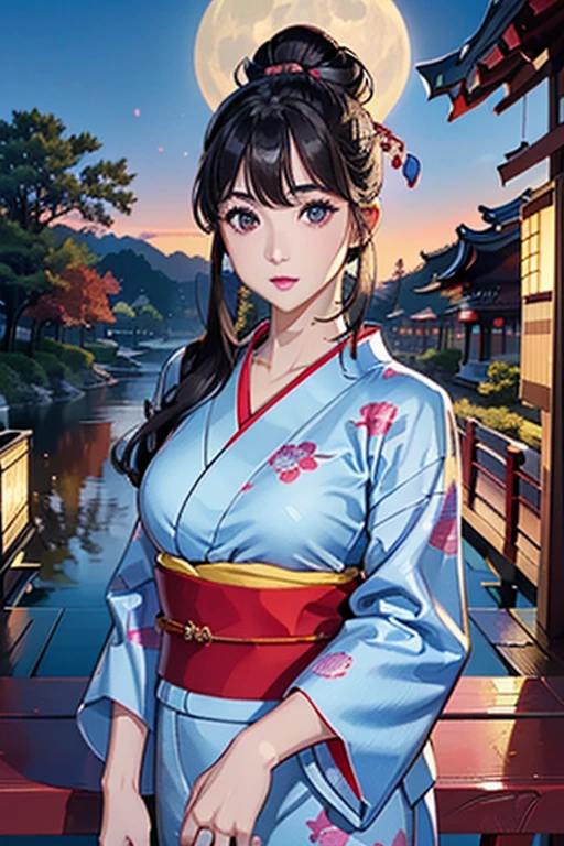 (Highest quality、 8k wallpaper、masterpiece、High resolution)、Vibrant colors、Ample breasts、Black hair in a Japanese round topknot、Beautiful girl in yukata、(Highly detailed face and eyes、Beautiful Face、Beautiful Eyes、Beautiful nose、Pretty lips)、A friendly gaze、Highly detailed background、Japanese garden、moonlight、Autumn scenery、Cowboy Shot、Official Art、