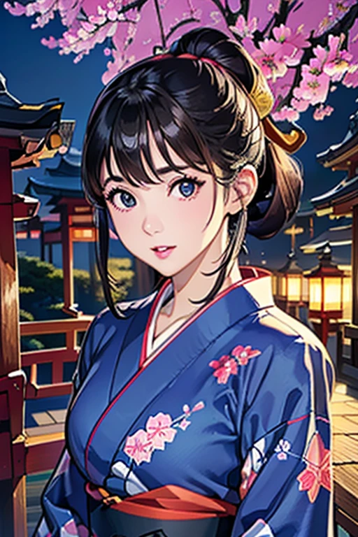 (Highest quality、 8k wallpaper、masterpiece、High resolution)、Vibrant colors、Ample breasts、Black hair in a Japanese round topknot、Beautiful girl in yukata、(Highly detailed face and eyes、Beautiful Face、Beautiful Eyes、Beautiful nose、Pretty lips)、A friendly gaze、Highly detailed background、Japanese garden、moonlight、Autumn scenery、Cowboy Shot、Official Art、