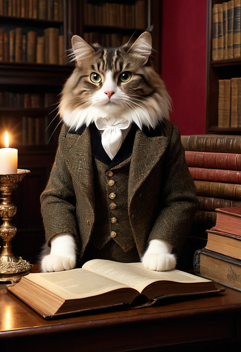 Realistic portrait of an animal in clothes - beautiful anthropomorphic Norwegian Forest Cat, Sherlock Holmes costumes、(1880An apartment on Baker Street in England in the 1970s、A desk piled with thick books), high quality,(Lovely) ,Intricate details, Very detailed (Tweed suit) ,Antique photos、Nostalgia、Very detailed decorations,, (Melancholy), Flickering candle light、Shimmer(Full body image:1.5)