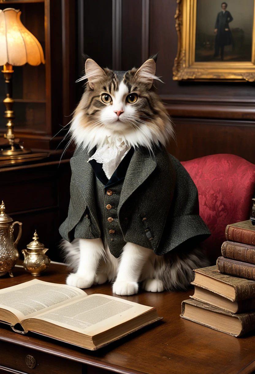 Realistic portrait of an animal in clothes - beautiful anthropomorphic Norwegian Forest Cat, Sherlock Holmes costumes、(1880An apartment on Baker Street in England in the 1970s、A desk piled with thick books), high quality,(Lovely) ,Intricate details, Very detailed (Tweed suit) ,Antique photos、Nostalgia、Very detailed decorations,, (Melancholy), Flickering candle light、Shimmer(Full body image:1.5)