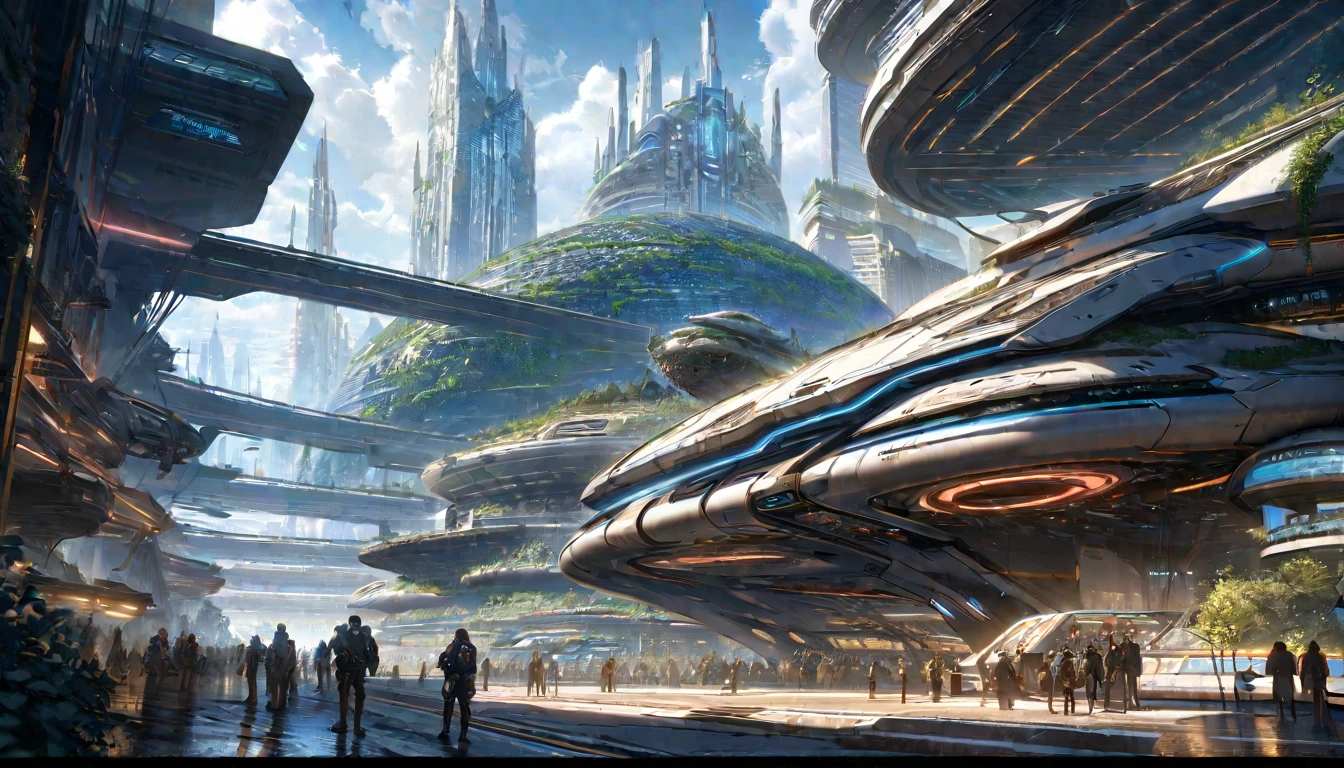 anime aestetics, anime landscape, sci-fi, mass effect, futuristic city, otherwordly futuristic city, the Citadel, gigantic spaceship, a lot of skyscrapers, artificial space station, stunning sci-fi concept art, ancient sci - fi city, futuristic dystopian city, future concept art, futuristic concept art, sci - fi city, futuristic alien city, dark futuristic city, depth of field, ray tracing, wide shot, from outside, atmospheric perspective, perspective, highres, 8k, best quality, award winning, super detail, masterpiece, UHD