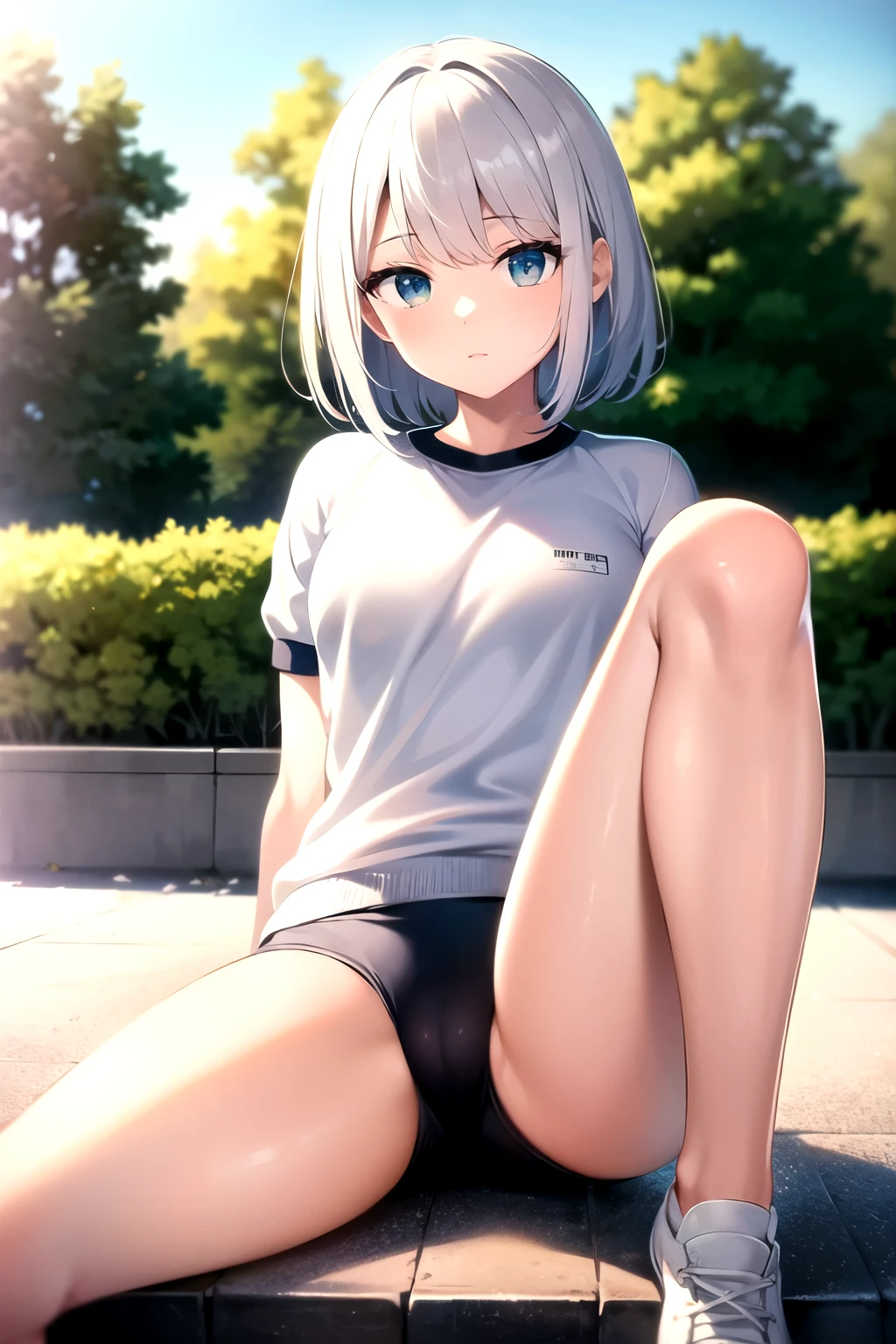 Bloomers, black Bloomers, (White short-sleeved gym uniform), School, ground, Sports Conference, ((Highest quality)), ((masterpiece)), (detailed), Perfect Face, Perfect Arms, Perfect hands, Perfect Fingers, anime, Ultra-fine Illustration, ((1 person)),Youmu, Sitting、Leg spread, Cowboy Shot, Outdoor,