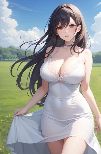 Big Breasts:1.2、、Highest quality、Very detailed、Highly realistic eye masterpiece、Highest quality、Very detailed、Gray Hair、Perfect Face、Long Hair、White Dress、Sundress、Yuri、Two Girls、anime、countryside、Embrace each other、Lie