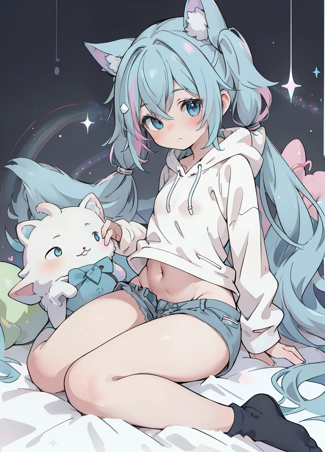 (masterpiece、Highest quality、Highest quality、Official Art、Beautiful and beautiful:1.2)、(One girl:1.3)Hatsune Miku、Twin tails,Beautiful breasts,nude nude a cute adult male with wolf ears, by white, has a wolf tail, wearing a baggy oversized black hoodie, wearing a pair of denim short shorts and fishnet stockings, thick thighs, Wide hips, Relaxing on a pile of fluffy, multicolored kawaii stuffed animals, short, very thin, showing slim belly, stretch out, heart in hoodie, soft thighs, has bright blue eyes. alone, alone (alone)(alone), surrounded by rainbow, colorful galaxy background