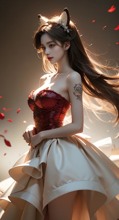 Century wearing Century, Century_face tattoo, animal ears ((knee shot)), ((Shoot at random angles)), ((Visible cleavage)), ((E-cup)), ((I-type Valley)), ((Warm colors)), Long-range shooting, A beautiful woman,Elegant posture,Standing,Slender figure。Her legs are slender and straight,Cross placement,Forming a perfect diagonal composition。Head gently sideways,Long blond hair falls naturally,Gently brushing her shoulders。Soft colors,In stark contrast to her fair skin。The edge of the skirt ripples gently,As if swaying in the breeze。Her eyes were gentle,There is a faint smile on the lips。The whole picture looks very harmonious and beautiful