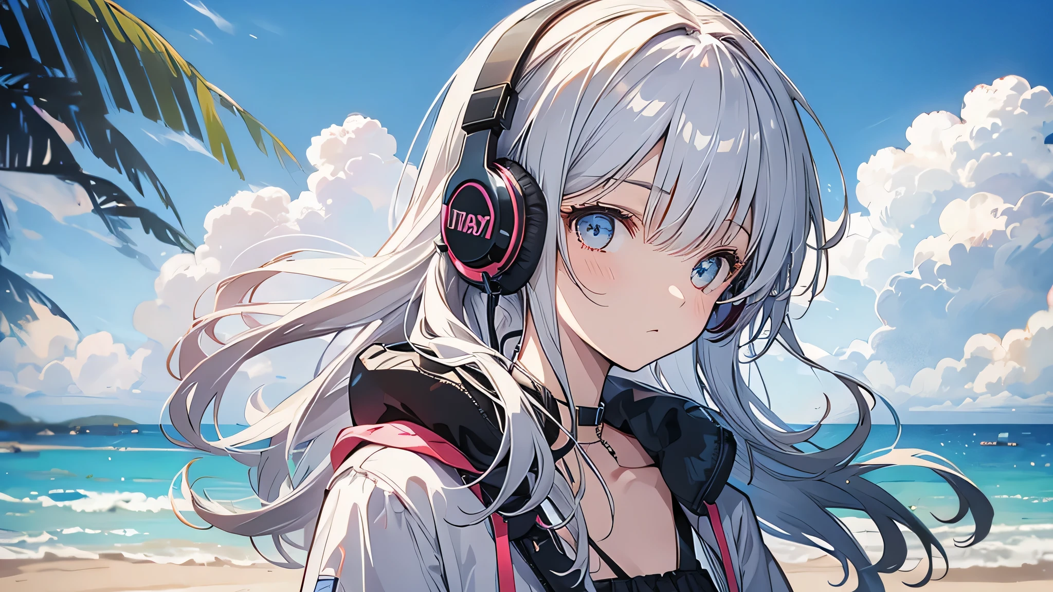 Girl wearing headphones on the beach